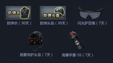 防弹衣（30天）防弹头盔（30天）闪光护目镜（7天）雾保护头盔（7天）高爆手雷-SS（7天）